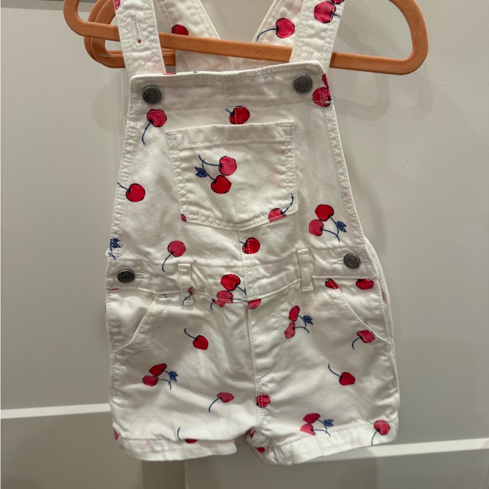 GAP White Shortall Overalls with Red Cherry Print